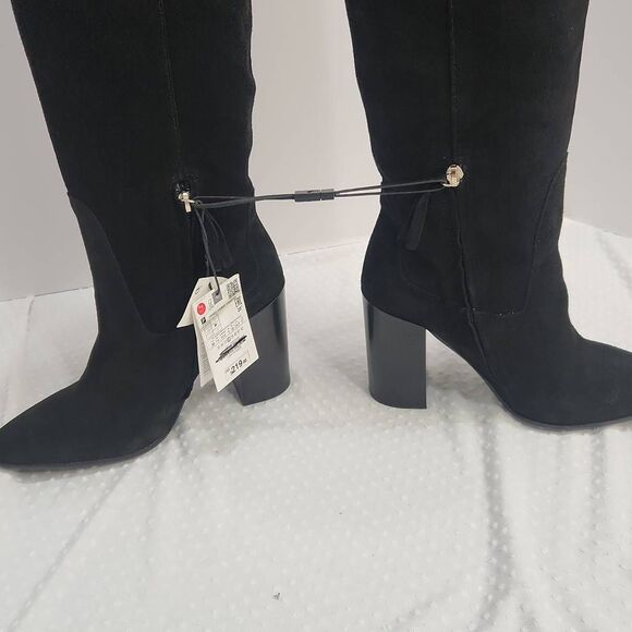 Zara Black Suede Over the Knee Boots Block Heel Women's Size 7.5 US / 38 EU - Picture 4 of 12